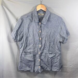 FLAX Shirt Womens Medium Blue Linen Button Front Short Sleeve Pockets Chambray